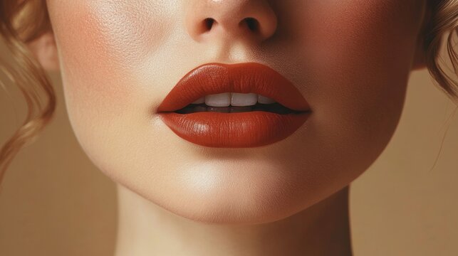 Close-up woman's lips, terracotta lipstick, studio, beauty