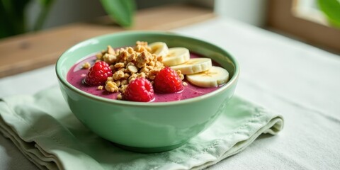 A Delicious and Healthy Berry Smoothie Bowl Topped with Granola and Banana Slices in a Pale Green Bowl on a Light-Colored Table