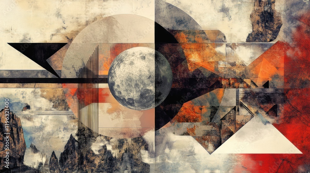 Poster an abstract representation of agnostic beliefs using geometric shapes and natural elements