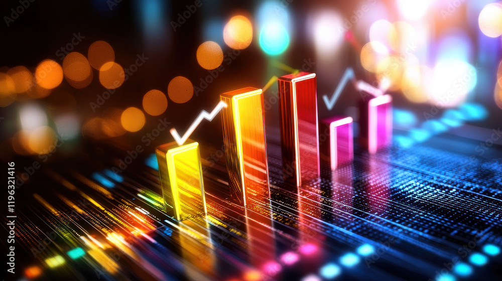 Poster dynamic bar graph representing market trends with vibrant colors and blurred lights, showcasing grow