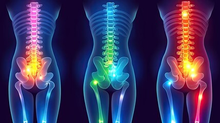 Female lower back, hip, and leg pain anatomy illustration.