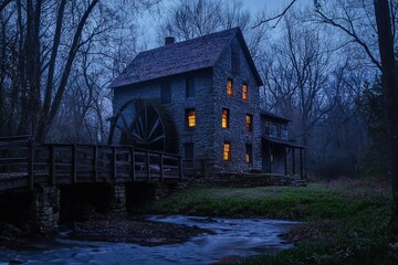 Obraz premium Nocturnal Mill: A Dark Blue and Gray Masterpiece of Architectural Grandeur old tone aged wood calm 