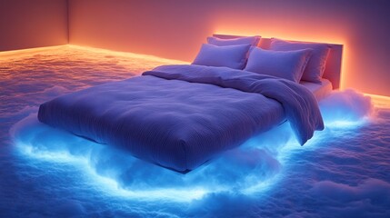 Cloud bed, illuminated room, serene sleep, ad campaign
