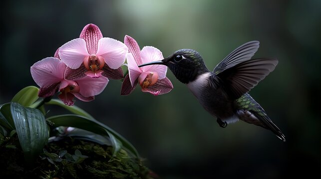A hummingbird hovering near vibrant pink orchids in a lush, serene garden setting