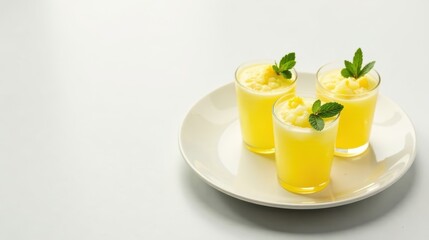 Fototapeta premium Refreshing Yellow Citrus Frozen Dessert in Small Glasses on a Plate