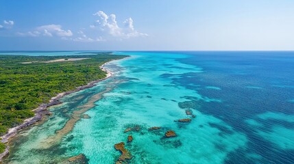Obraz premium Aerial view of a vibrant coral reef and crystal-clear ocean waters, perfect for marine themes