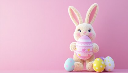 Cute 3d Plush Bunny Holding Egg Pink Background Copy Space Happy Easter Concept Greeting Card