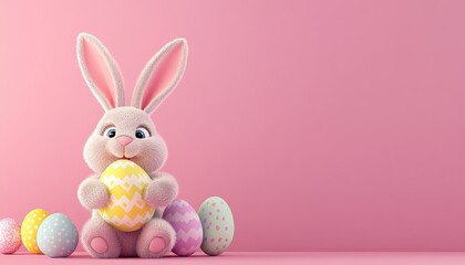 Cute 3d Plush Bunny Holding Egg Pink Background Copy Space Happy Easter Concept Greeting Card
