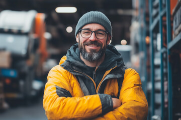 A warehouse worker manager , team leader standing in warehouse . A warehouse worker , truck driver in ware house.  Supervisor.