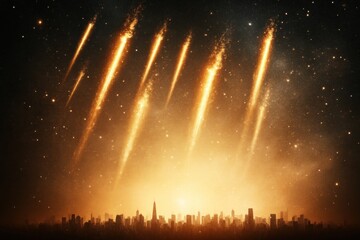 Meteor shower catastrophe over urban landscape sci-fi art nighttime dramatic atmosphere aerial view destruction concept