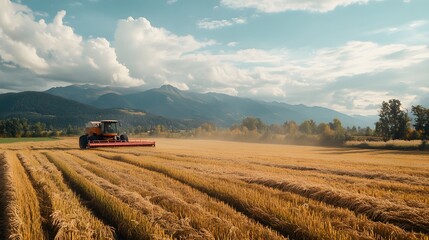 Obraz premium A farmer is harvesting rice in the field, with a beautiful view of the mountains