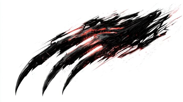 Abstract depiction of claw marks with a dark, dynamic design and red accents.