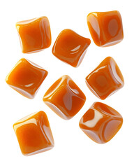 Caramel cubes in mid air png isolated on transparent background