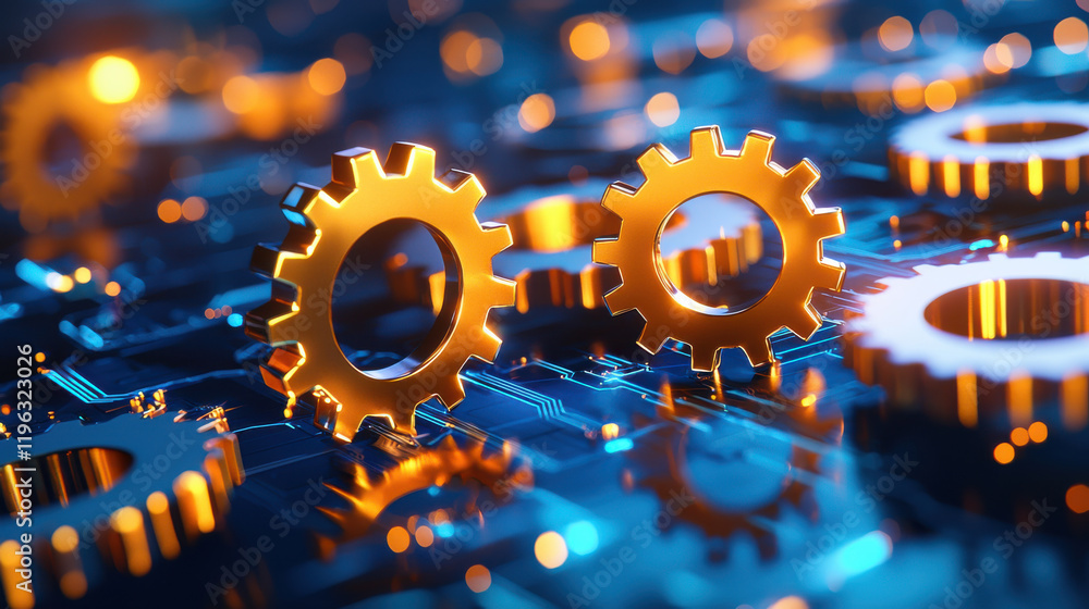 Fototapete Interconnected gears on futuristic circuit board create dynamic visual. golden gears symbolize innovation and technology, reflecting modern industrial theme