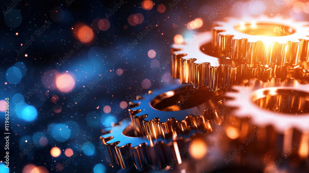 Poster Interconnected gears with shiny metallic finish create dynamic visual, surrounded by bokeh background of blue and orange lights, symbolizing innovation and technology