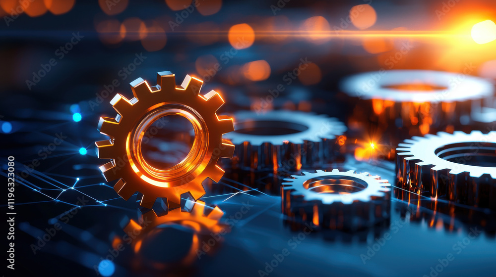 Aufkleber creative depiction of interconnected gears with futuristic design, showcasing metallic textures and glowing elements. image conveys innovation and technology