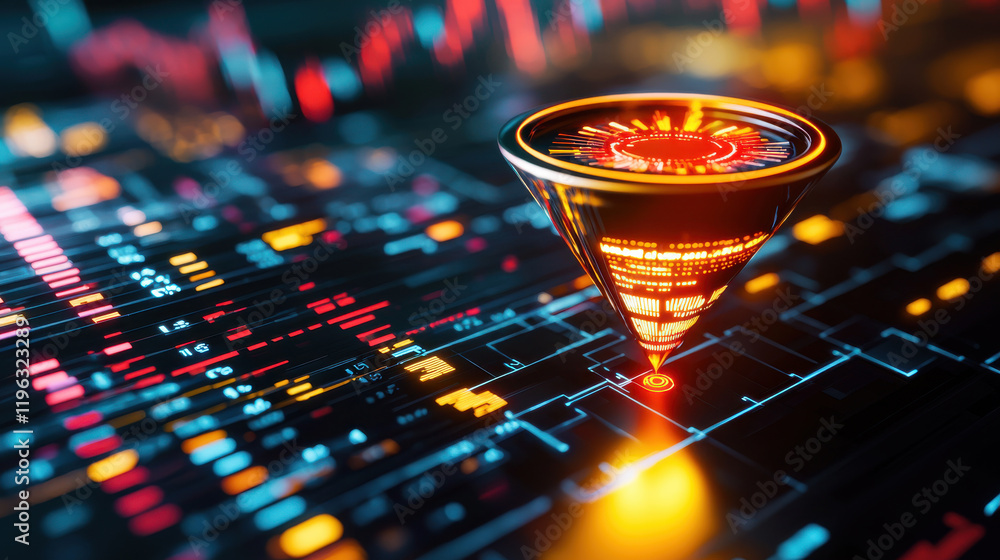 Poster creative depiction of market analysis concepts with glowing elements, showcasing data visualization and analytics in futuristic style