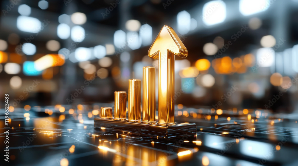 Leinwandbilder creative digital rendering of growth analytics display featuring golden upward arrow and bar graph, 