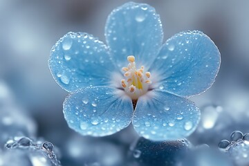 Close-up of a dew-covered, light blue flower.