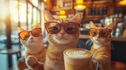 Photo cat with friends at a coffee shop, holding a latte.