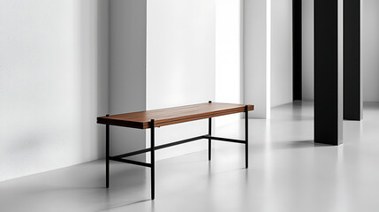 A wooden bench is sitting in a room with white walls and black pillars. generated by AI