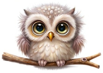 Naklejka premium Adorable Sleepy Owl Character, White Background, Cartoon Bird, Cute Animal Illustration, Wildlife Stock Photo