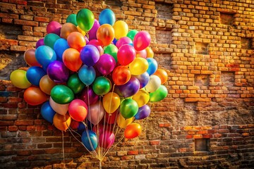 Aerial View: Colorful Balloons Against Vintage Wall - Stock Photo