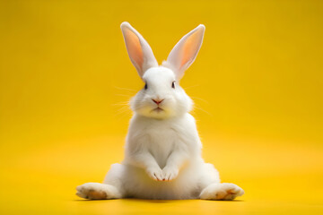 Obraz premium Adorable White Rabbit Sitting on Yellow Background