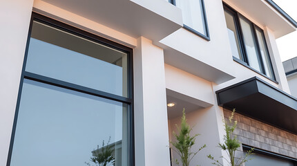 Fototapeta premium Modern Home Exterior: Clean Lines and Minimalist Design. Luxury Real Estate Photography showcasing contemporary architecture and stunning facade details.