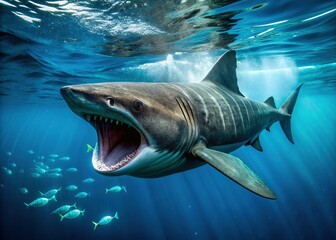 Naklejka premium Basking Shark: Gentle Giant of the Ocean Depths - Minimalist Underwater Photography