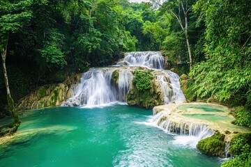 Fototapeta premium Aerial view of a waterfall cascading into a clear blue pool, surrounded by lush greenery