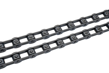 Two black plastic conveyor chains isolated with transparent background