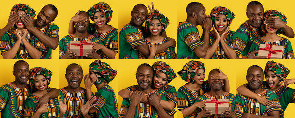 Fototapeta premium This lively collage captures a happy couple showcasing their affection in colorful traditional attire. Their cheerful expressions reflect love and joy, perfect for any celebration.