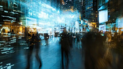A bustling city street at night is overlaid with streams of digital data, creating a surreal and dynamic blend of the physical and digital worlds in the context of modern finance and technology.