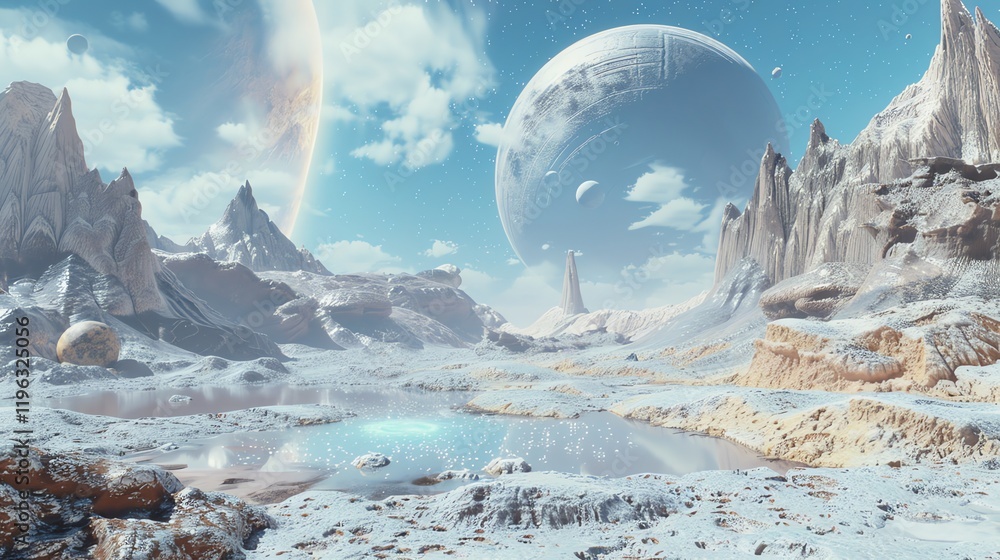 Aufkleber a scenic view of an alien planet with a large moon in the sky.