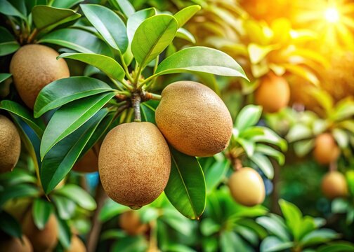 Close-up of Fresh Sapodilla Fruit on the Tree, Naturally Grown Healthy Fruit