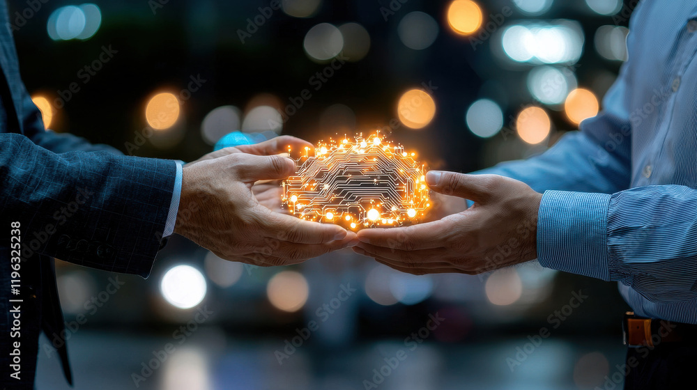 Poster creative representation of solid state technology, showcasing two hands exchanging glowing circuit b