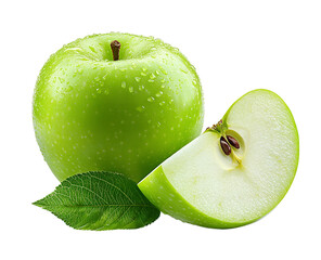 Green apple with slice and leaf png isolated on transparent background