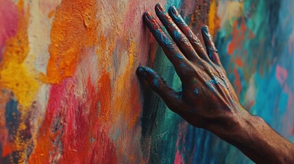 An artist adding final touches to a colorful mural on an urban wall, paint-stained hands