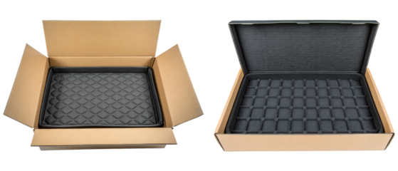 Two open cardboard boxes with foam inserts isolated with transparent background