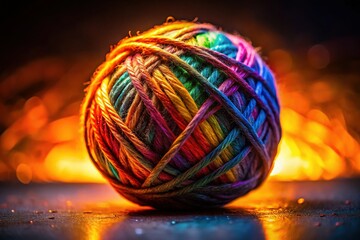 Fototapeta premium Colorful Wool Yarn Ball Close-Up on Orange Background - Night Photography Stock Photo