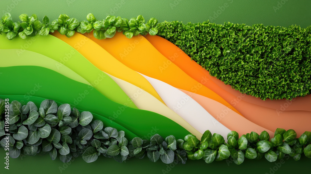 Poster vibrant layers of green and orange create dynamic visual of nature, showcasing various shades of fol