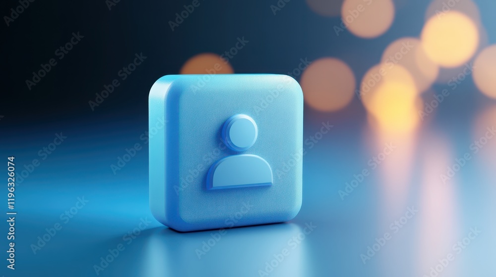 Poster blue square button with person icon, a modern element for user interaction, communication and digita