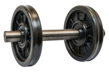 Close-up of a train wheel axle assembly isolated with transparent background