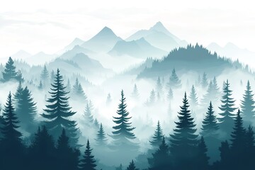 Fototapeta premium Majestic Mountain Vista: Towering Trees & Serene Landscape sky view calm pure green woods peaks hills