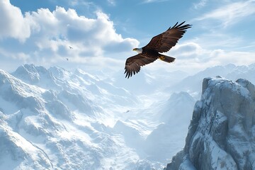 Majestic Eagle Soaring Over Snowy Mountain Peaks
