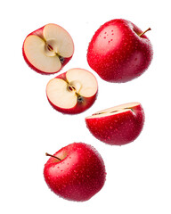 Red apples in mid air sliced and whole png isolated on transparent background
