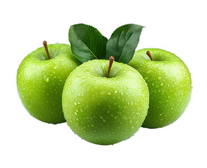 Green apples with water droplets and leaves png isolated on transparent background