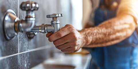 A person adjusting a faucet in a modern bathroom setting.