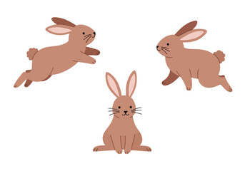 Bunny Pictures Clip Art. A set of three cute brown bunnies in various poses, jumping, running, and sitting. Vector illustration design.